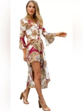Luna Tuccini White, Burgundy & Gold Paisley High-Low Animal Print Wrap Jumpsuit